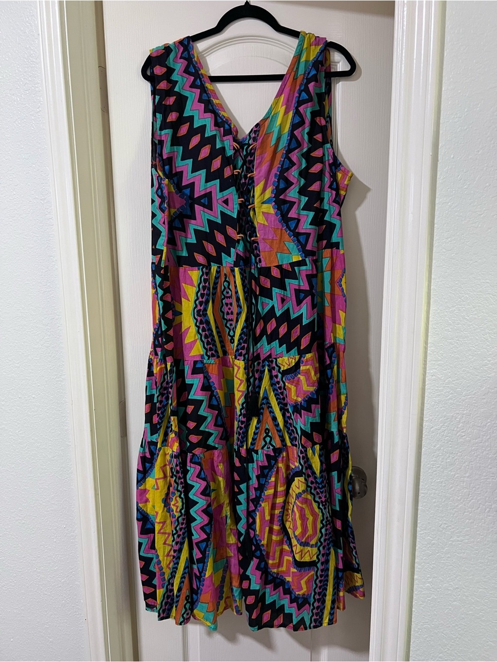 Studio EY Vibrant Geometric Maxi Dress in Black, Pink, Yellow & Teal size 1X